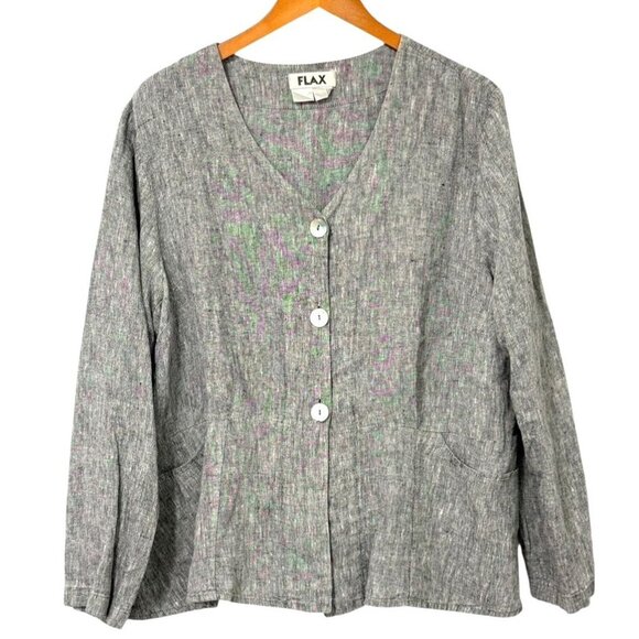 Flax Heathered Black Linen Button Down Blouse Jacket Pockets Lagenlook Size L - Picture 1 of 9